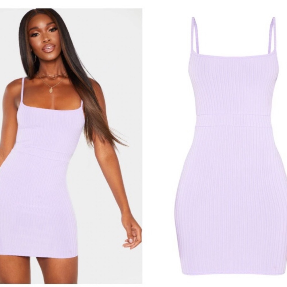 Lilac Ribbed Strappy Back Bodycon Dress